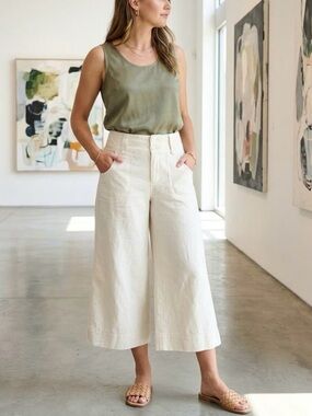 Just Jeans White Linen Blend Wide Leg Cropped Pants Relaxed Casual Boho Breezy